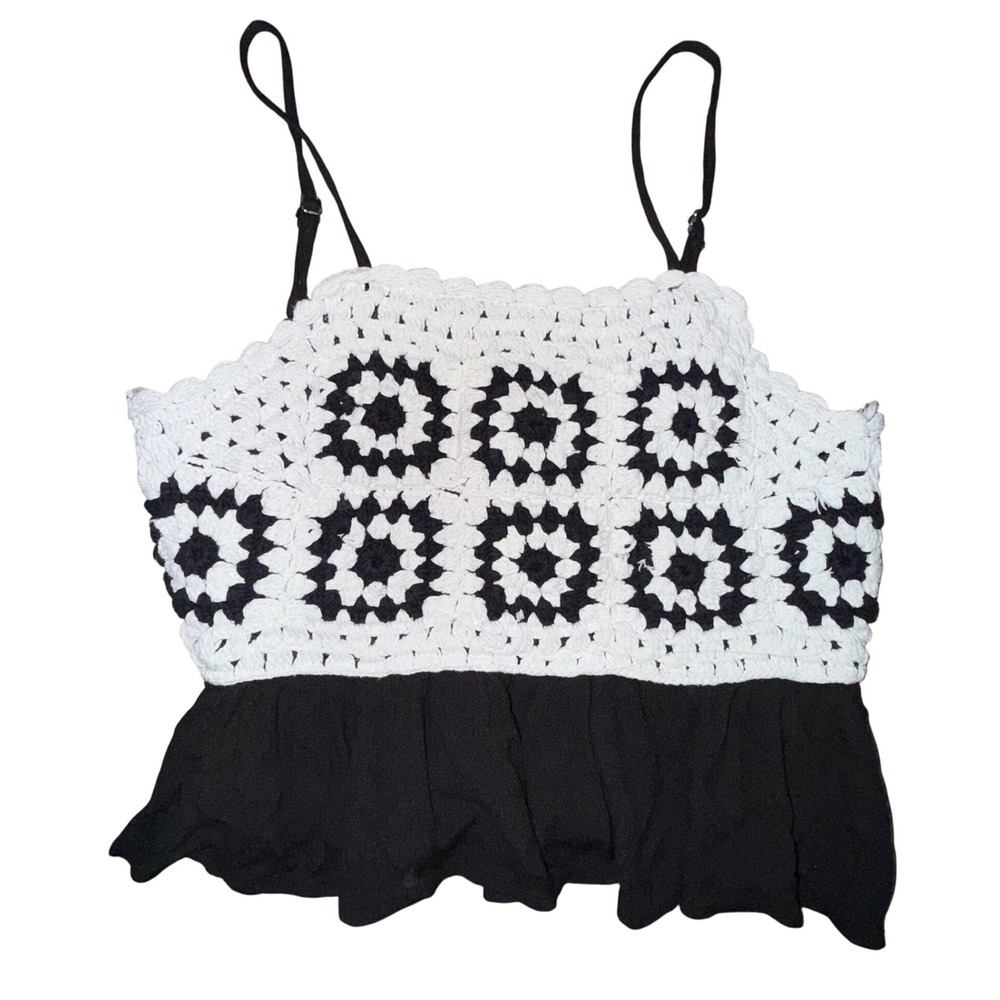 Rebellion Again Crochet Granny Square Camisole Top Black White Boho Festival